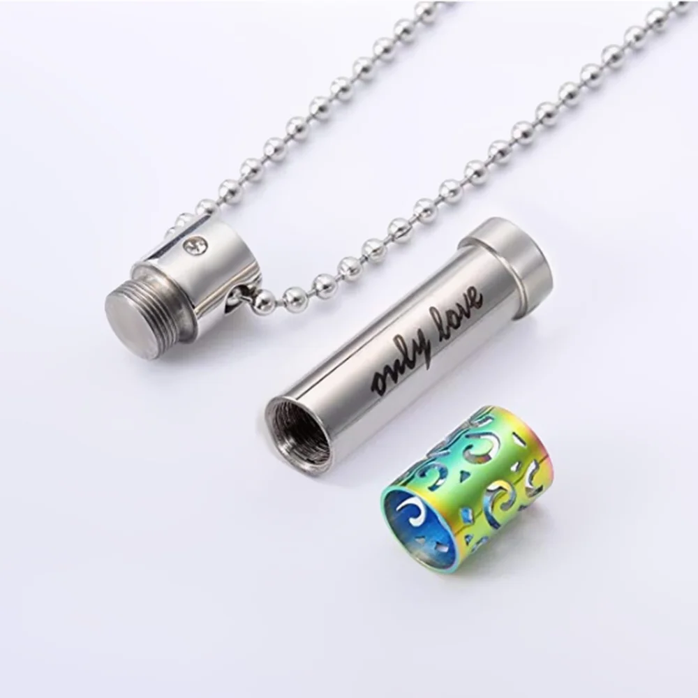 Fashion Stainless Steel Cylinder Memorial Screw Opens Urn Pendant Necklace Cremation Jewelry for Ashes (Only Love) cremation urn