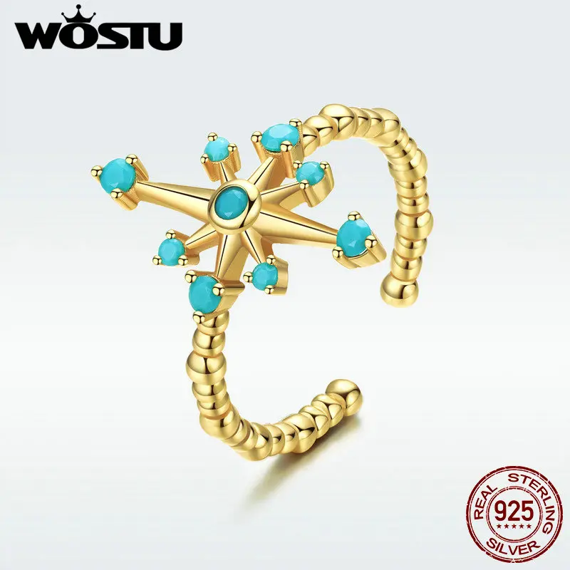 

WOSTU 100% Real Sterling Silver Shiny Mango Opening Rings Simple & Lovely Golden Hexagram Star With Blue Rings BKR548
