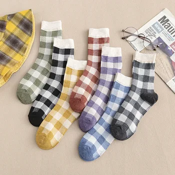 

New retro plaid cotton tube socks Women's casual comfort color socks 6pair/lot