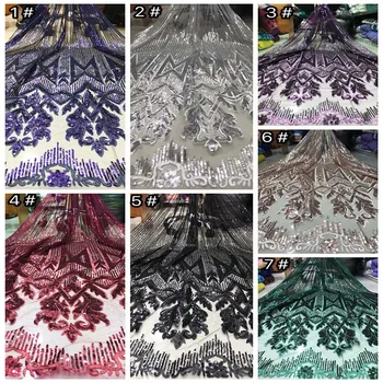 

green Newest Purple African chiffon sequins Lace Fabric With Sequins 2019 High Quality Nigerian Lace For bridal