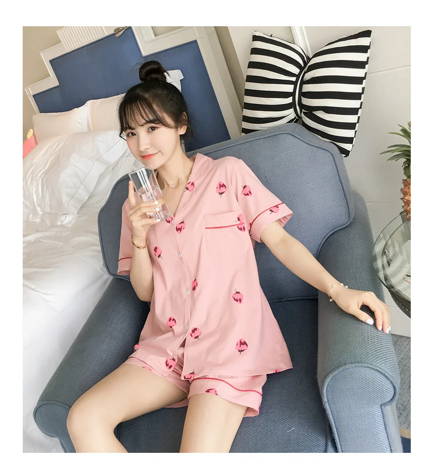 South Korea Pajamas Summer Online Celebrity Style Strawberry Fold-down Collar Short Sleeve Shorts Pure Cotton WOMEN'S Suit-Outer
