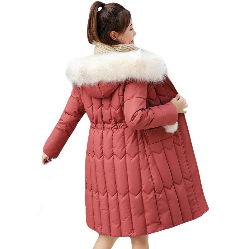 Зимний толстый большой меховой воротник женские длинные парки из хлопка на пуху длинное пальто с капюшоном куртки с хлопковой подкладкой женские большие размеры 5XL - Цвет: Brick red