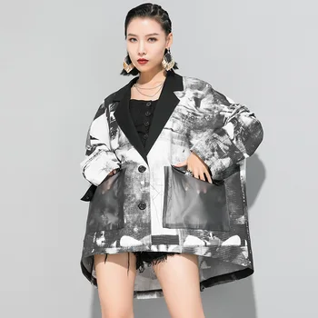 

2020 Single Button Cardigan Chinese Ink Printing Suit Loose Coat Fashion Spring Bf Windbreaker Boyfriend Wind Trench