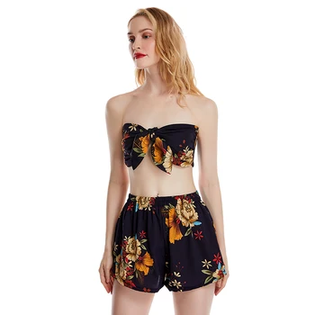 

Summer Print Two Pieces Set Woman Off Shoulder Wrap Chest+ Loose Mini Tight Shorts Night Club Outfuits 2 Piece Suit For Female