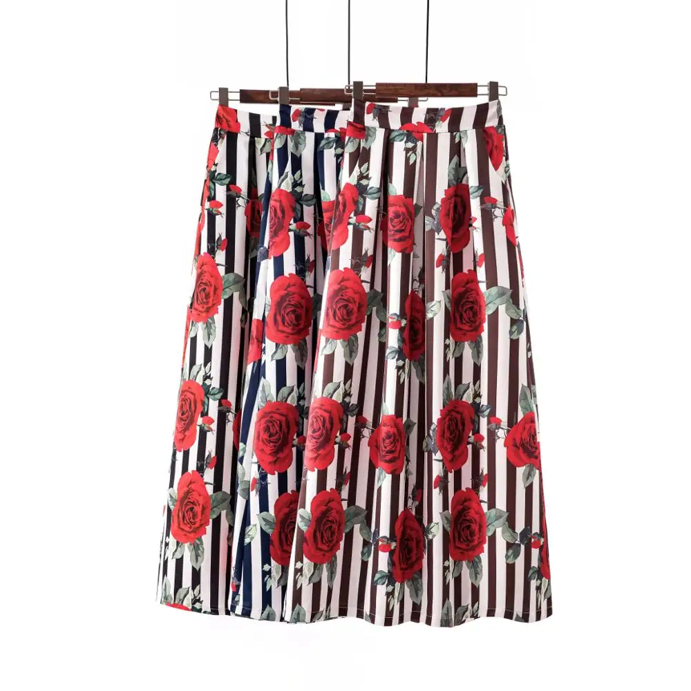 

LAUZUOLA Summer Skirts Womens 2019 Jupe Longue High Waisted Pockets Long Skirt Vintage Floral Striped Print Maxi Skirt Plus size