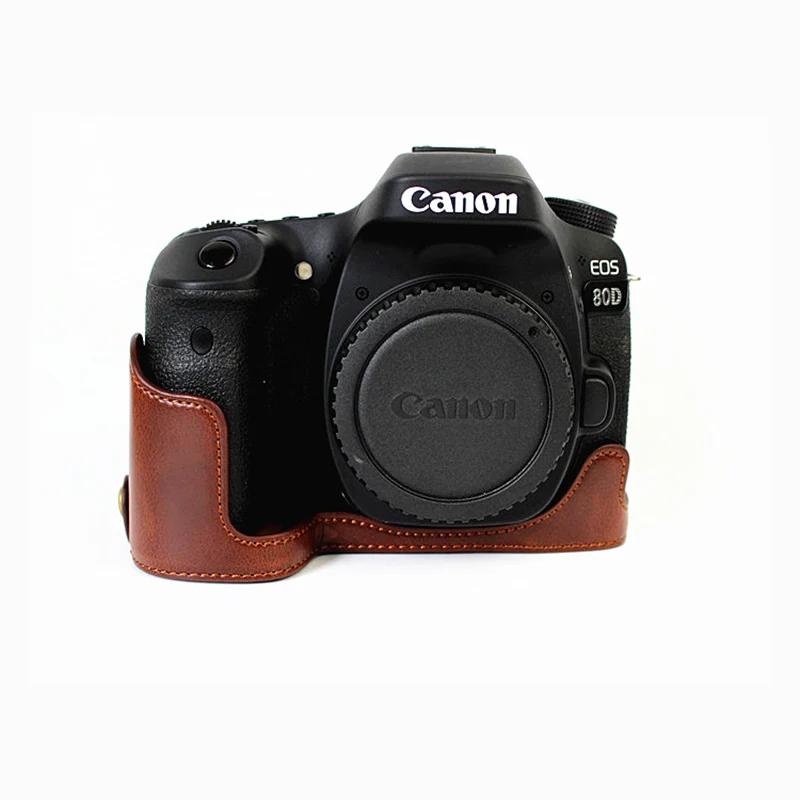 Coffee Color portable camera bag PU Leather case cover For Canon EOS 90D 80D 70D 60D half body shell With Battery Opening - Цвет: Coffee Color