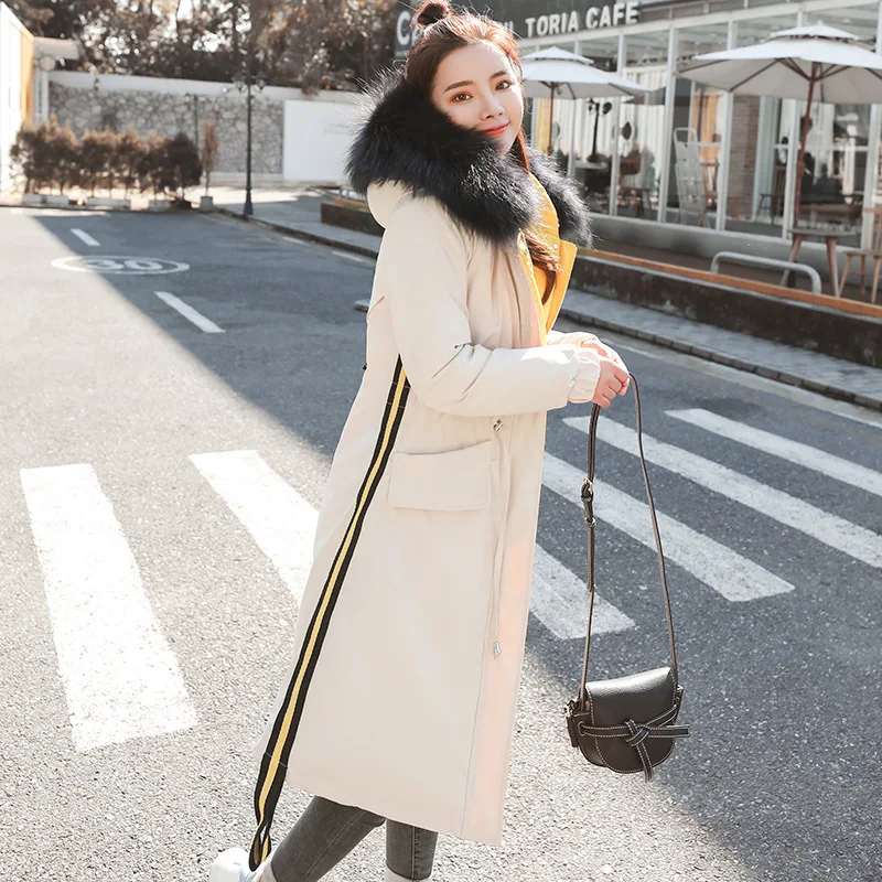 

Large Fur Collar Cotton-padded Clothes Women's 2018 Winter New Style Drawstring Waist Hugging Hooded Cotton Coat INS Mid-length