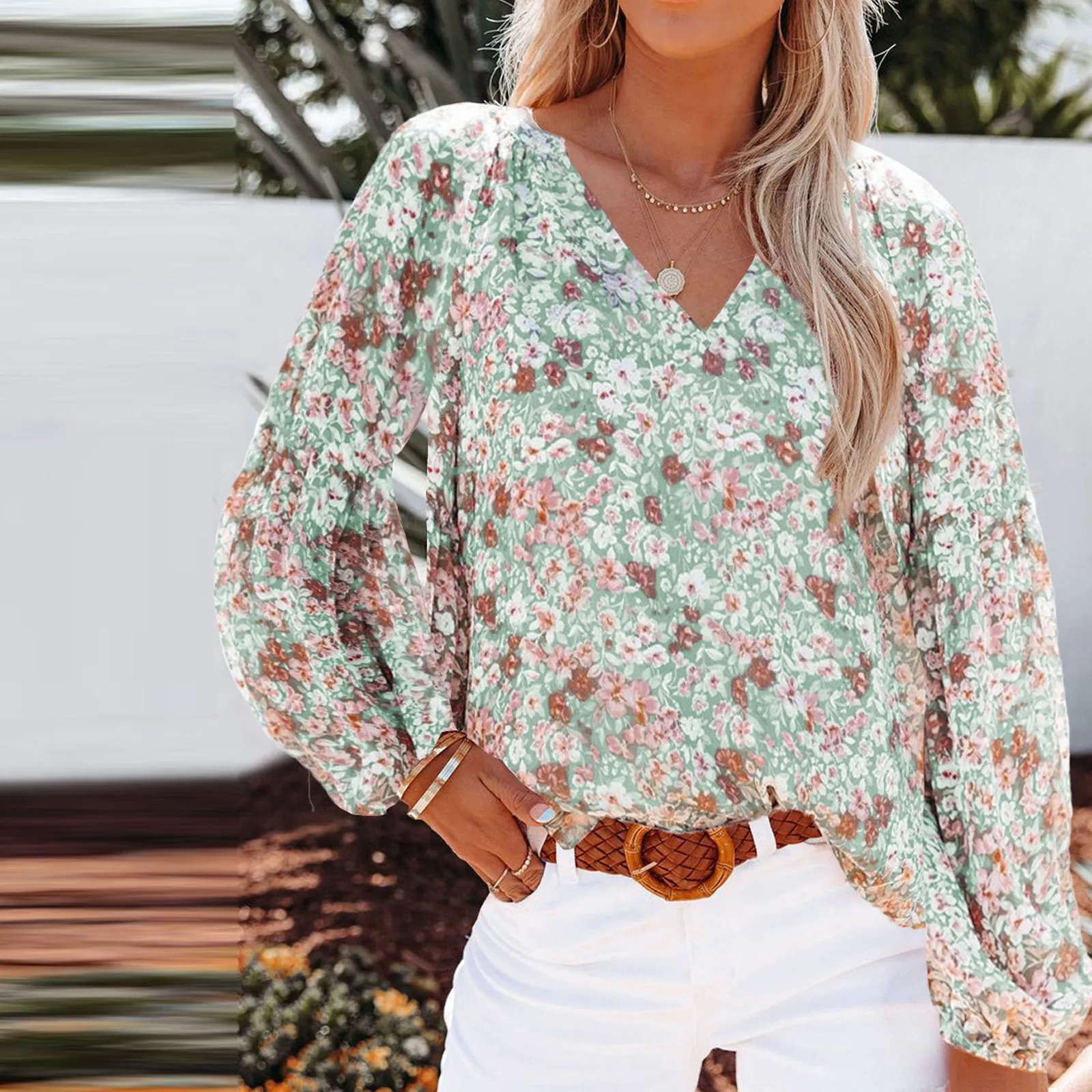 Fashion Women's Casual Loose Floral print T-Shirts Female V-neck Chiffon Tops Casual Lantern Sleeve Chiffon T-Shirts Clothes 1