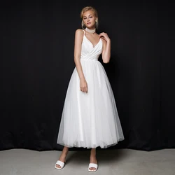 Civil Engagement Short Wedding Dress Tea Length Tulle Simple Bridal Gown Spaghetti Straps Pleat Backless Vestido De Novia 2022