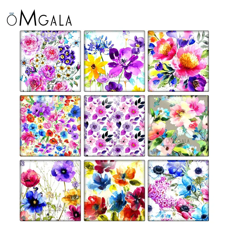 수채화 꽃 아트 페인팅 스퀘어 10 개 혼합 12mm/20mm/25mm/30mm 사진 유리 카보 숑 데모, 플랫 백 메이킹 결과 
