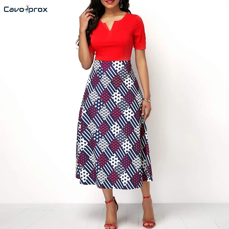

Women Plaid Splicing Dress Casual A-Line Short Sleeve Mid-Calf O-Neck Elegant Plus Size Slim Fit Summer Maxi Party Dress