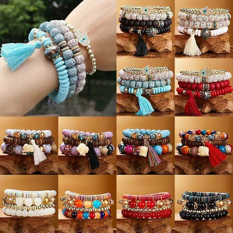

Fashion Bracelet 4pcs Multilayer Tassel Beaded Bangle Natural Stone Bodhi Crystal Boho