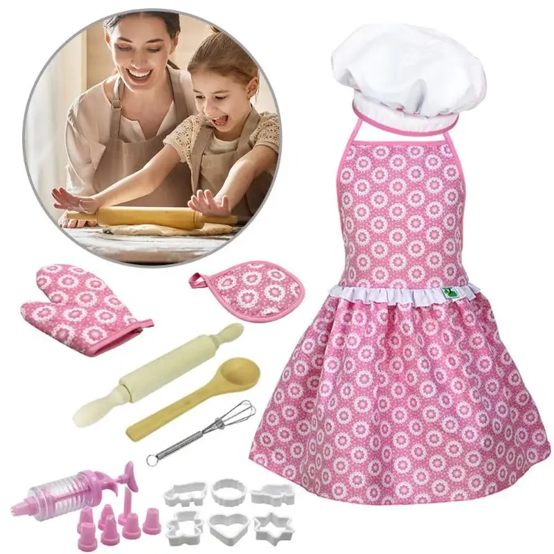 Kids Pretend Play Kitchen Toy Suit Chef Hat Apron Dress Up Costume Tool Rolling Pin Hand Mixer Oven Gloves Accessories