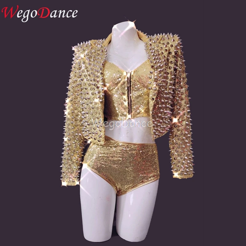 

New Women Sparkly Rivets Sequins Jacket Bra Short Set Birthday Prom Outfit Singer Dancer Costume Bar Outfit Set