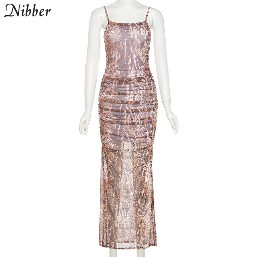 Nibber Y2K Sling Tight Mesh Summer Dress Woman Traf Robe Party Sleeve Elegant Long Dress Holiday Travel Daily Office Banquet