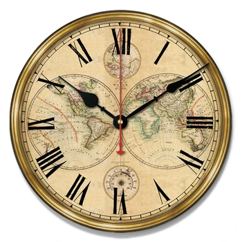 

Antique Wooden World Map Roman Numerals Noiseless Quartz Mechanism Wall Art Living Room Decor Clock