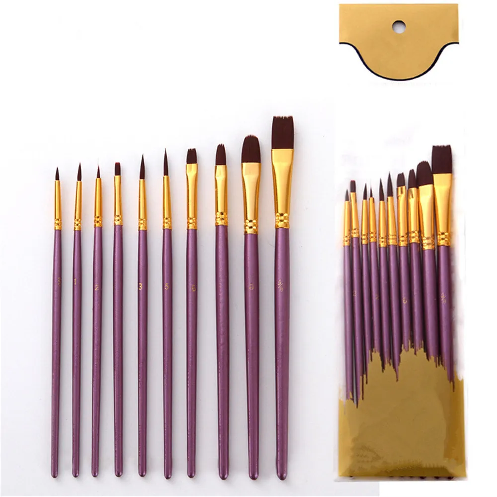 Фиолетовый 10 шт. набор нейлоновых кистей для окрашивания волос, кисть для акварели и масла для детей, студентов, Kawaii, канцелярские принадлежности, художественные краски, принадлежности - Цвет: Фиолетовый