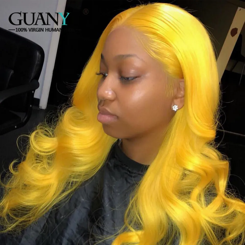 Amarillo transparente pelucas de encaje cuerpo onda de encaje parte pelucas Remy brasileño pelucas de cabello humano para las mujeres peluca rubia