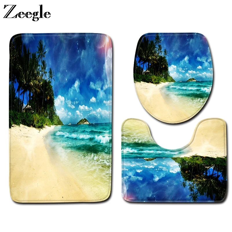 Zeegle 3pcs Bath Mat Set Toilet Pedestal Rug Anti Slip Toilet Seat Cover Mat Bathroom Doormat Shower Mat 3D Beach Toilet Set