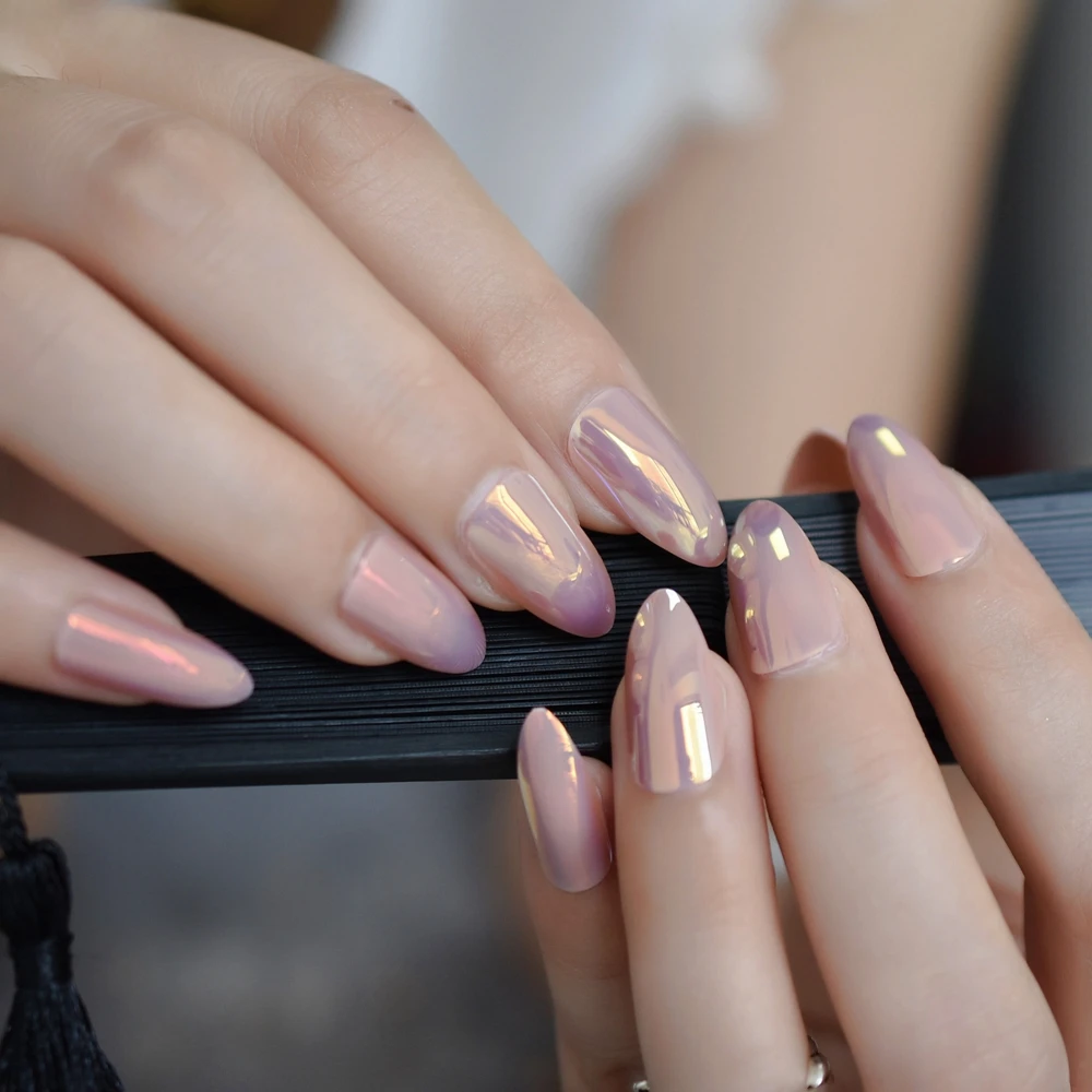 

Medium Shiny Artificial MistyRose Full Cover Nail Art Tips Almond Elegant Duo Chrome Sexy Soild Simple Fake Nail