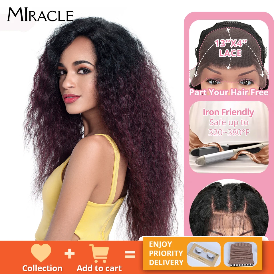 13*4  Ombre Natural Wave Lace Front Baby Hair Wigs Synthetic Afro Wigs For Black Women High Temperature Fiber Free Part Wig, 