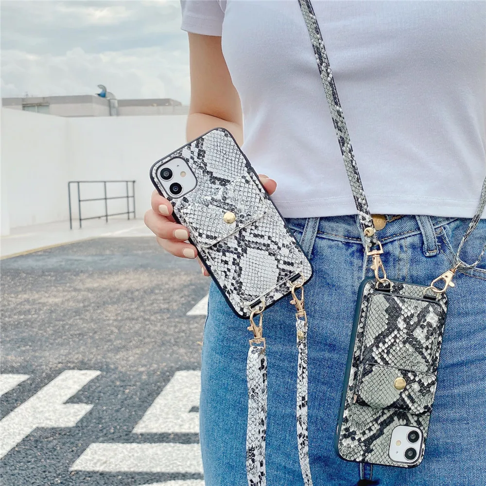 13 pro max cases Luxury card holder Snakeskin pattern Phone Case For iPhone 13 Pro Max 12 11 XR XS X 8 7 Plus Strap Lanyard Soft Silicone Cover case iphone 13 pro max iPhone 13 Pro Max
