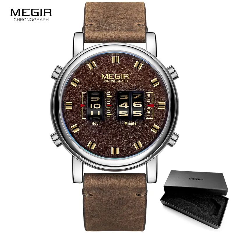 ML2137G-Brown Silver MEGIR часы с барабанным роликом для мужчин Топ люксовый бренд Мужские Военные Спортивные кварцевые наручные часы синий кожаный цифровой relogio masculino 2137 - Цвет: ML2137G-Brown Silver