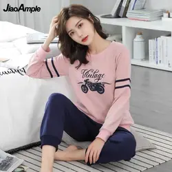 100% Cotton Pajamas Women's Spring Autumn Plus Size Pijamas Two-piece Korean Cute Sleepwear Casual Nightwear Home Clothes Suit