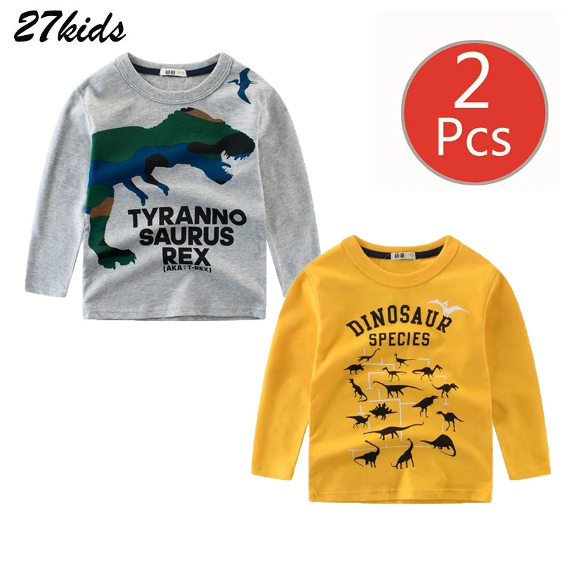 Детская футболка из 2 предметов для мальчиков, 27 весна-осень, Детская футболка с длинным рукавом и рисунком динозавра из мультфильма «Акула», повседневные топы для мальчиков и девочек
