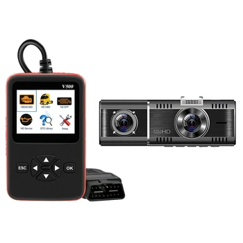 

1 Pcs for Car and Truck V500 OBD OBD2 Scanner & 1 Set 1.5 in ch Car Dvr Dash Cam Double Lens Recorder VDR