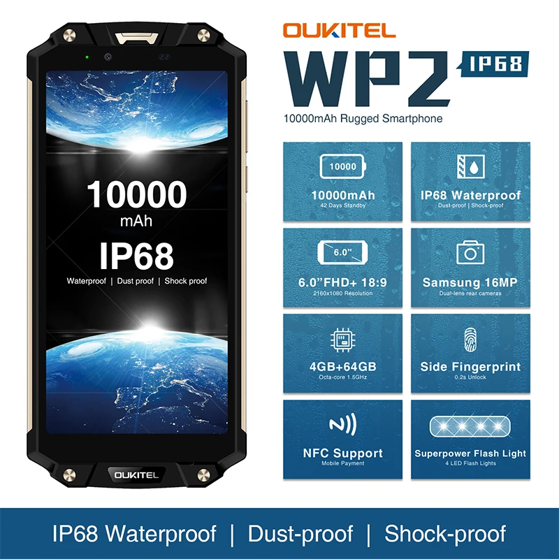 OUKITEL WP2 смартфон водонепроницаемый 4G+ 64G Android 8,0 IP68 NFC 6," 18:9 MT6750T 10000mAh Восьмиядерный отпечаток пальца многоязычный - Цвет: Gold