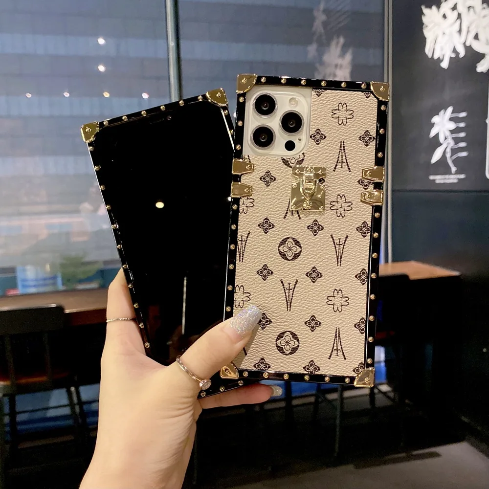 Fashion Square Leather with wrist strap Case For iPhone 13 12 11 Pro Max  mini XR X XS Max 8 7 6 6s Plus Luxury Geometric cover