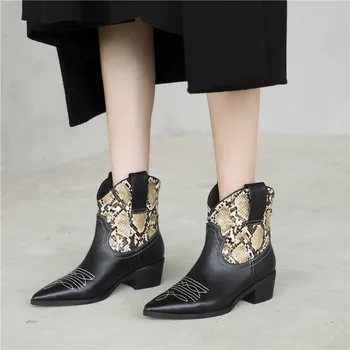 

YECHNE Winter Women Real Leather Single Shoes Woman High heels Martin Laarzen Snake Skin Pattern Chelsea Laarzen 2019