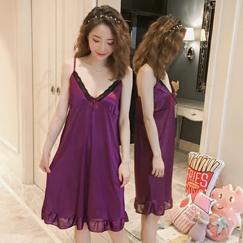 

Women's Sexy V Lingerie Silk Nightgown Summer Dress Lace Night Dress Sleepwear Loose Nightie Satin Homewear Ice Silk Nightwear