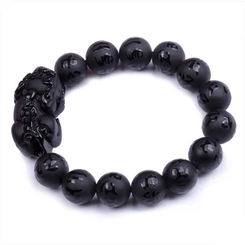 

Jewelry Black Genuine Natural Stone Bracelets Six Word Obsidian Design Pi Xiu Crystal Round Bead Woman Men Bracelets