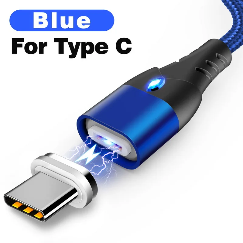 For Type C Blue 2 м Магнитный кабель для быстрой зарядки 3 А для iPhone SR XS samsung S8, зарядное устройство для быстрой зарядки 3,0 Micro usb type C, магнитный шнур для зарядки телефона - Цвет: For Type C Blue
