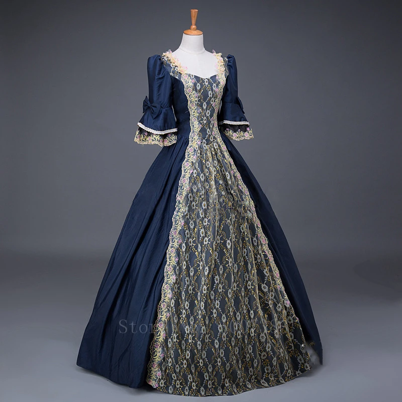 Женское Европейское Дворцовое платье принцессы благородное средневековое Ренессанс элегантное винтажное Цветочное платье на шнуровке вечерние платья - Цвет: Navy