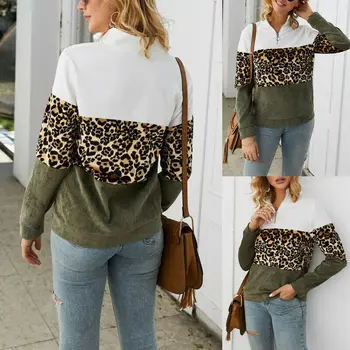 

Womens Leopard Print Sweatshirt Ladies Baggy Long Sleeve Pullover Tops Zipper Casual Sweatshirts