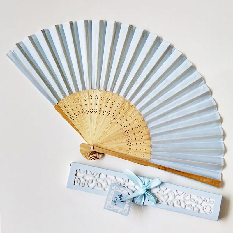 30 pcs/lot Personalized Luxurious Silk Fold hand Fan in Elegant Laser-Cut Gift Box+Party Favors/wedding Gifts+printing - Цвет: light blue