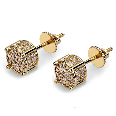 Iced Out Micro Pave кубический циркон круглые серьги-гвоздики мужские серьги золотого цвета хип хоп CZ серьги с закручивающаяся задняя часть унисекс ювелирные изделия подарки - Окраска металла: Светло-желтый, золотистый цвет