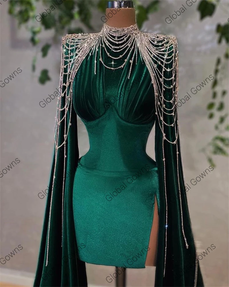 Luxury Emerald Green Velvet Short Prom Dress Tassel Beaded Birthday Party Gown Mini Cocktail High Neck Nigeria Side Slit Vestido light blue prom dresses