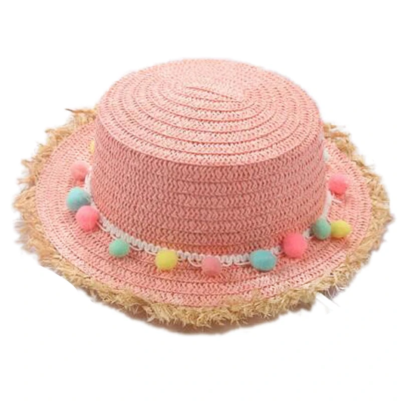 Панамская Солнцезащитная шляпа для детей, летняя разноцветная соломенная шляпа с бахромой и помпонами, пляжная шляпа с широкими полями для девочек, кружевная широкополая шляпа