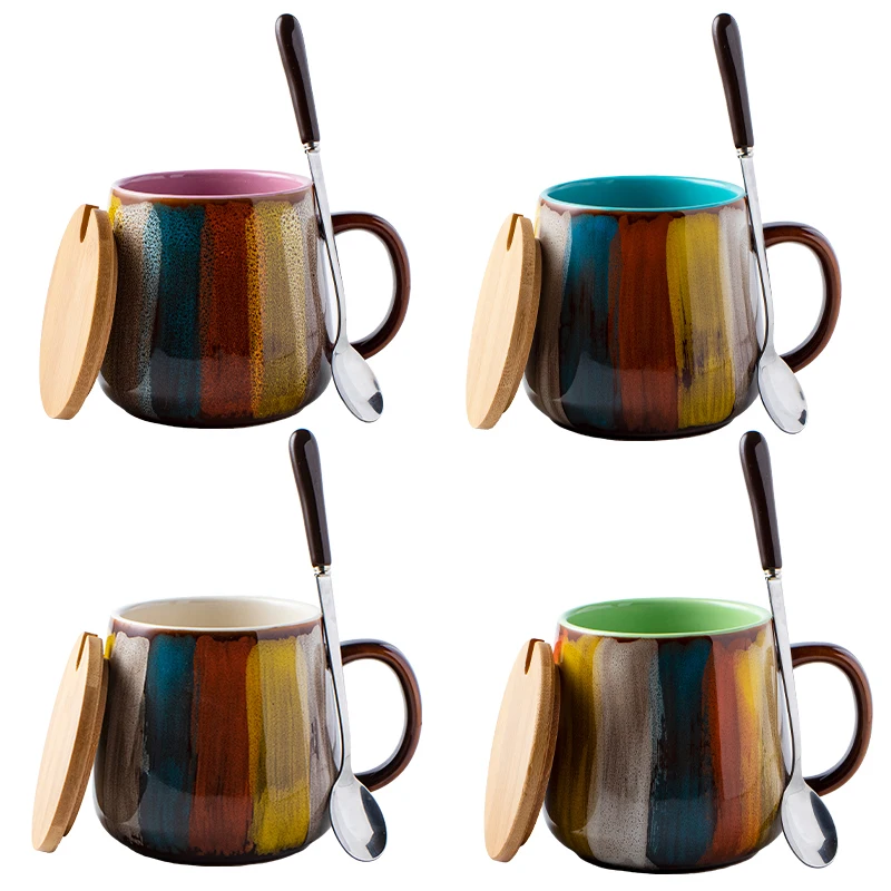 

Vintage Hand Drawn High Capacity Milk Tea Mug Ceramic Coffee Cup With Lid Spoon Home Drinkware