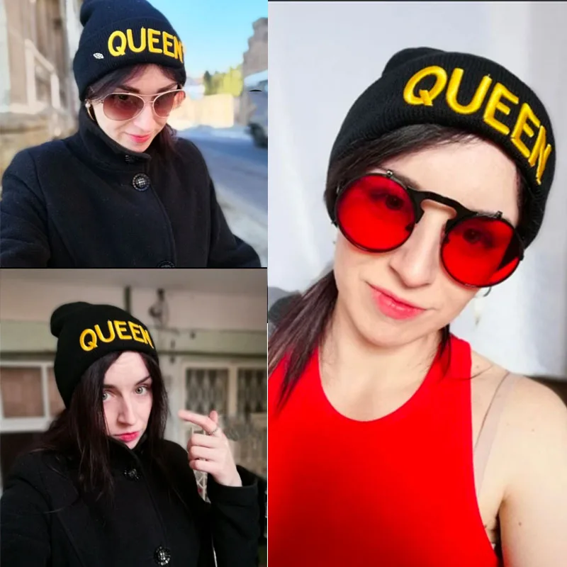 Теплые зимние осенние эластичные Новые облегающие шапки KING QUEEN вязаные парные