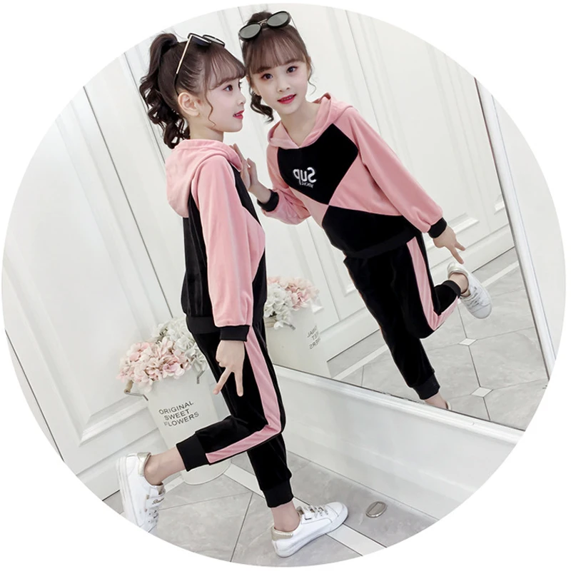Photo Color Одежда для девочек спортивный костюм с длинными рукавами и капюшоном весенне-осенние модные топы с вышивкой, брюки качественная одежда для детей от 3 до 10 лет, г., распродажа - Цвет: Photo Color