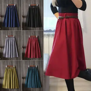 

Women Retro Stretch High Waist Skirt Skater Flared Pleated Swing Skirt+Belt Summer Solid A-line Sweet Skirts