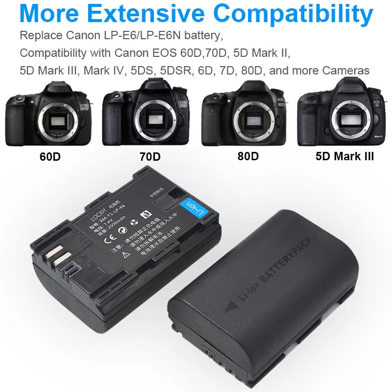 2 шт. LP E6 LP-E6 LPE6 Батарея цифровой камеры+ USB двойное зарядное устройство для Canon EOS 6D 7D 5D Mark II III IV 5D 60D 60Da 70D 80D 5DS 5DSR