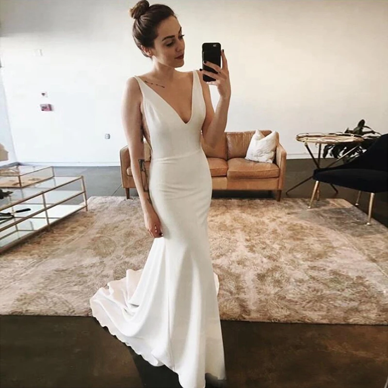 

Sexy Deep V-neck Mermaid Crepe Wedding Dresses Simple Informal Bridal Gown Vestidos de Novia Customized Bride Dress Custom Made