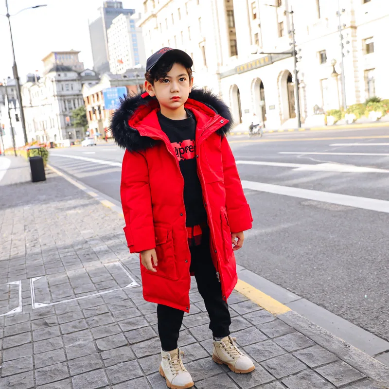 Г. Зимняя куртка-пуховик для мальчиков с капюшоном, теплая верхняя одежда с меховым воротником для мальчиков, пальто От 6 до 13 лет парка для подростков детский зимний комбинезон - Цвет: Красный