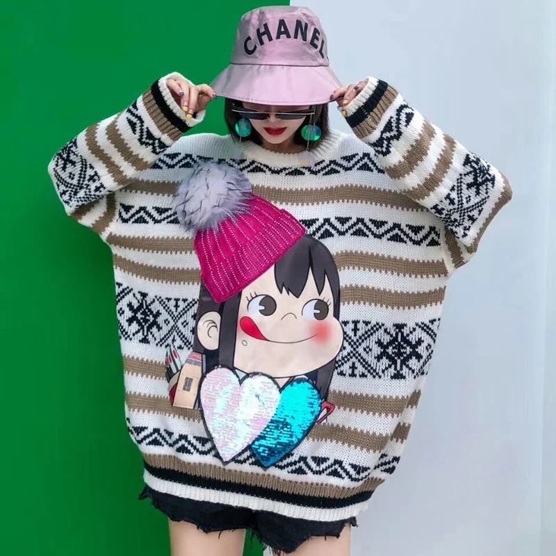 Цин MO Полосатый пуловер Для женщин свитер Для женщин Свитер с принтом с блестками женские туфли размера плюс теплый свитер зимние ZQY1871